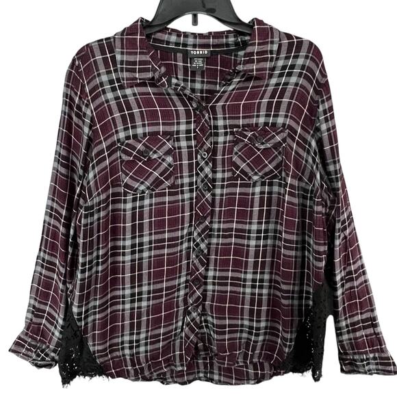 Torrid Camp Shirt Womens 1X Burgundy Gray Black Plaid Lace Button Up Soft Grunge - Picture 2 of 16